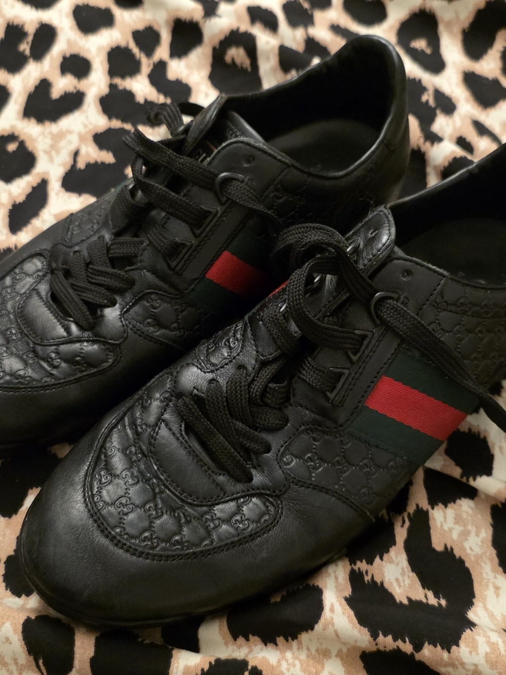 Gucci Black Leather Men's Sneakers with Red & Green Web Stripe